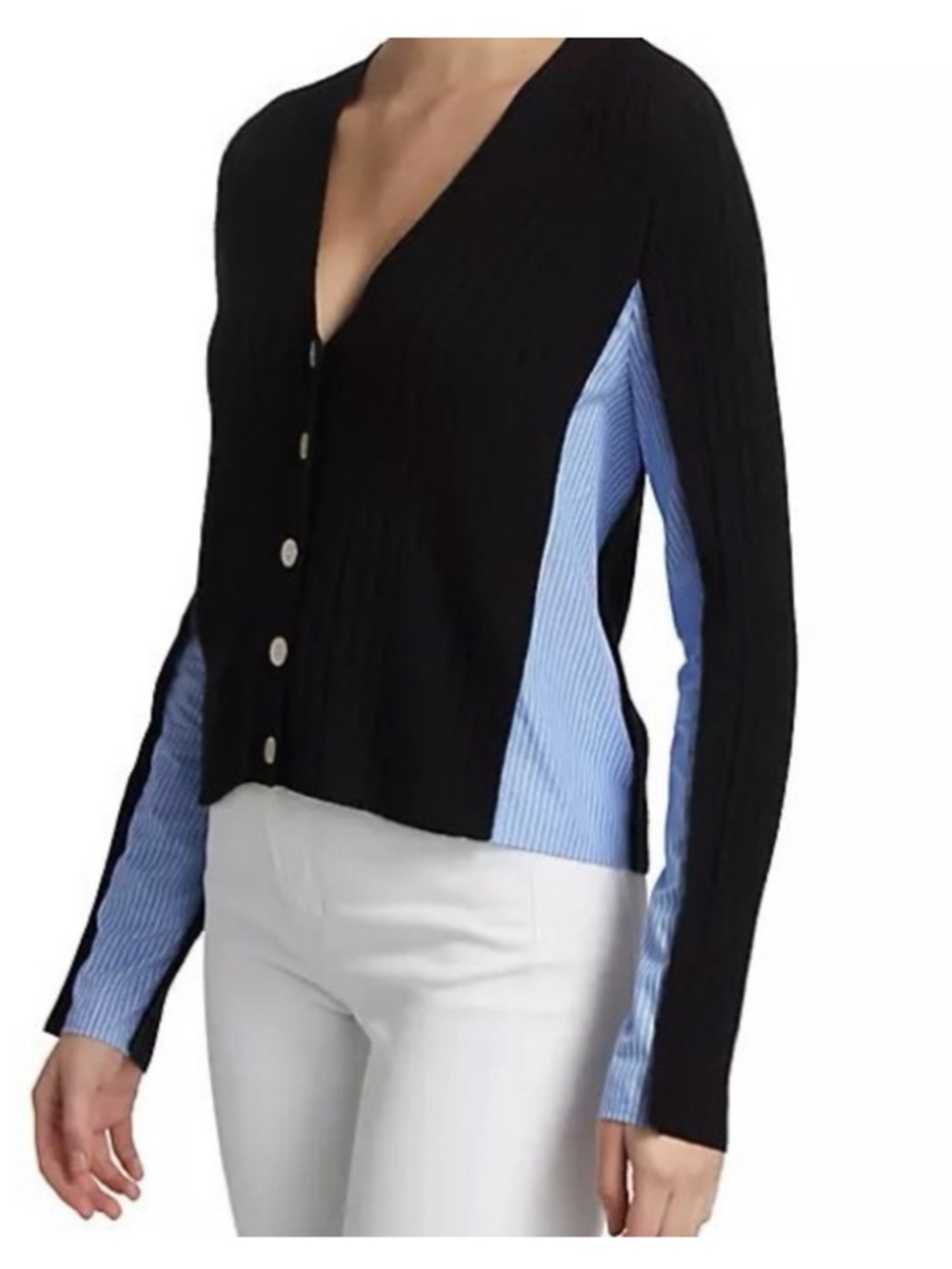 Veronica Beard DAYLA Black V-Neck Ribbed Cardigan w Light Blue Side Panels SZ SM